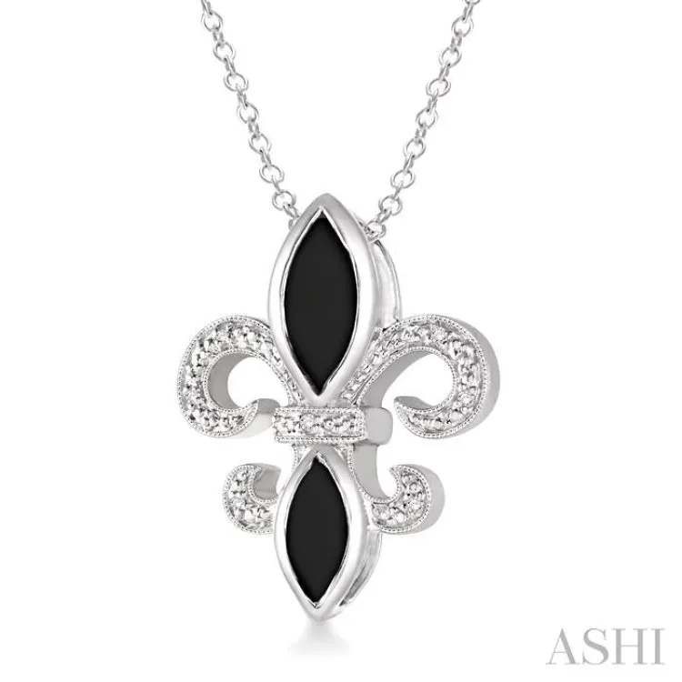 10x5 & 8x4  MM marquise cut Onyx and 1/50 Ctw Single Cut Diamond Fleur De Lis Pendant in Sterling Silver with Chain