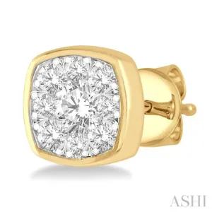 1/2 ctw Cushion Shape Round Cut Diamond Lovebright Bezel Stud Earring in 14K Yellow and White Gold