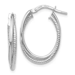 14k White Gold Polished Finish Textured Oval Hoop Earrings