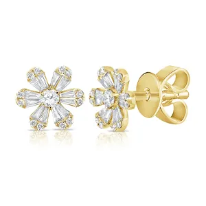 14K Yellow Gold Diamond Flower Stud Earrings