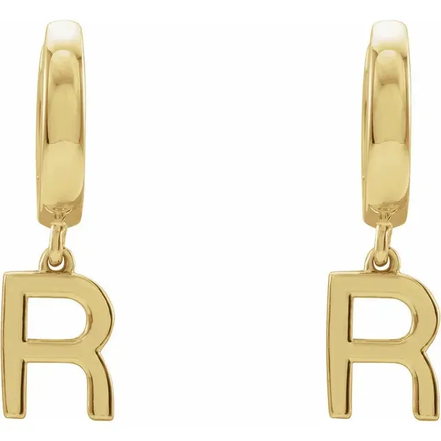 14K Yellow Gold Initial R Hinged Huggie Earring