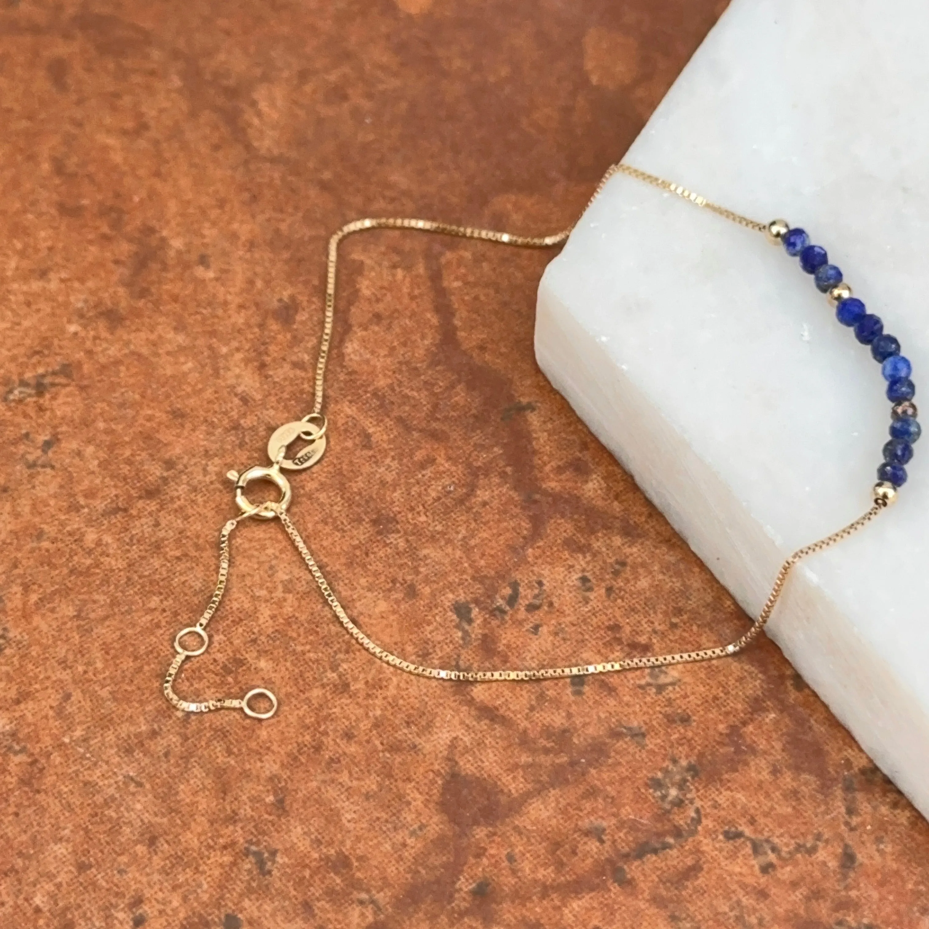 14KT Yellow Gold Blue Lapis Lazuli Round Bead Box Chain Bracelet