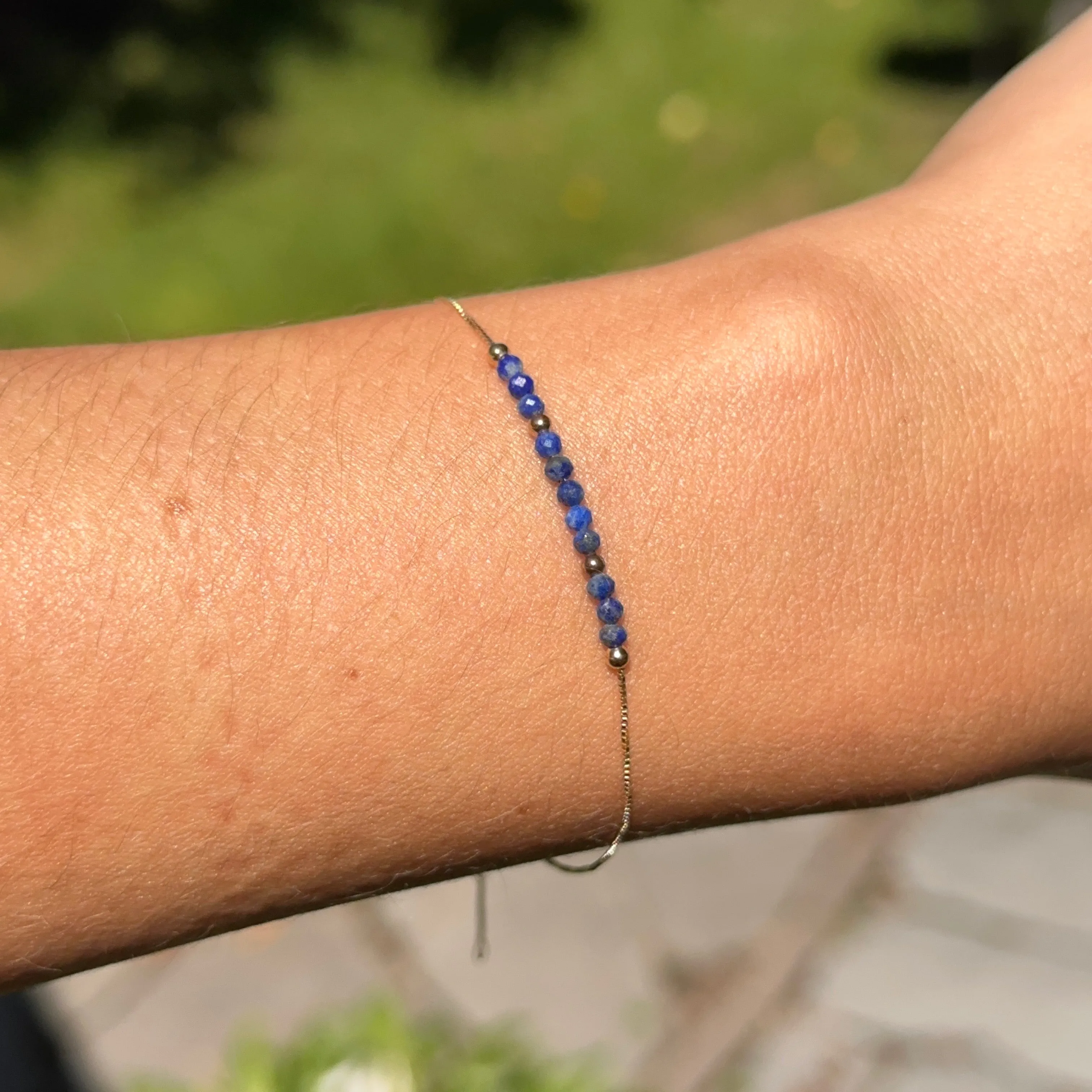 14KT Yellow Gold Blue Lapis Lazuli Round Bead Box Chain Bracelet