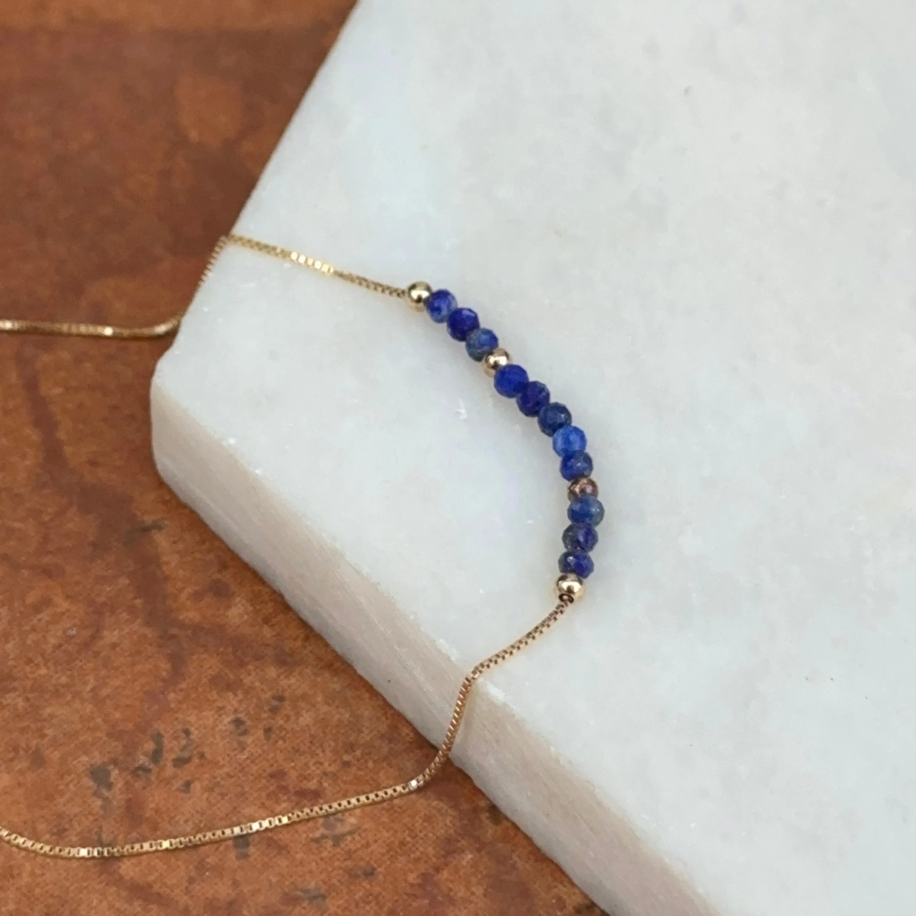 14KT Yellow Gold Blue Lapis Lazuli Round Bead Box Chain Bracelet