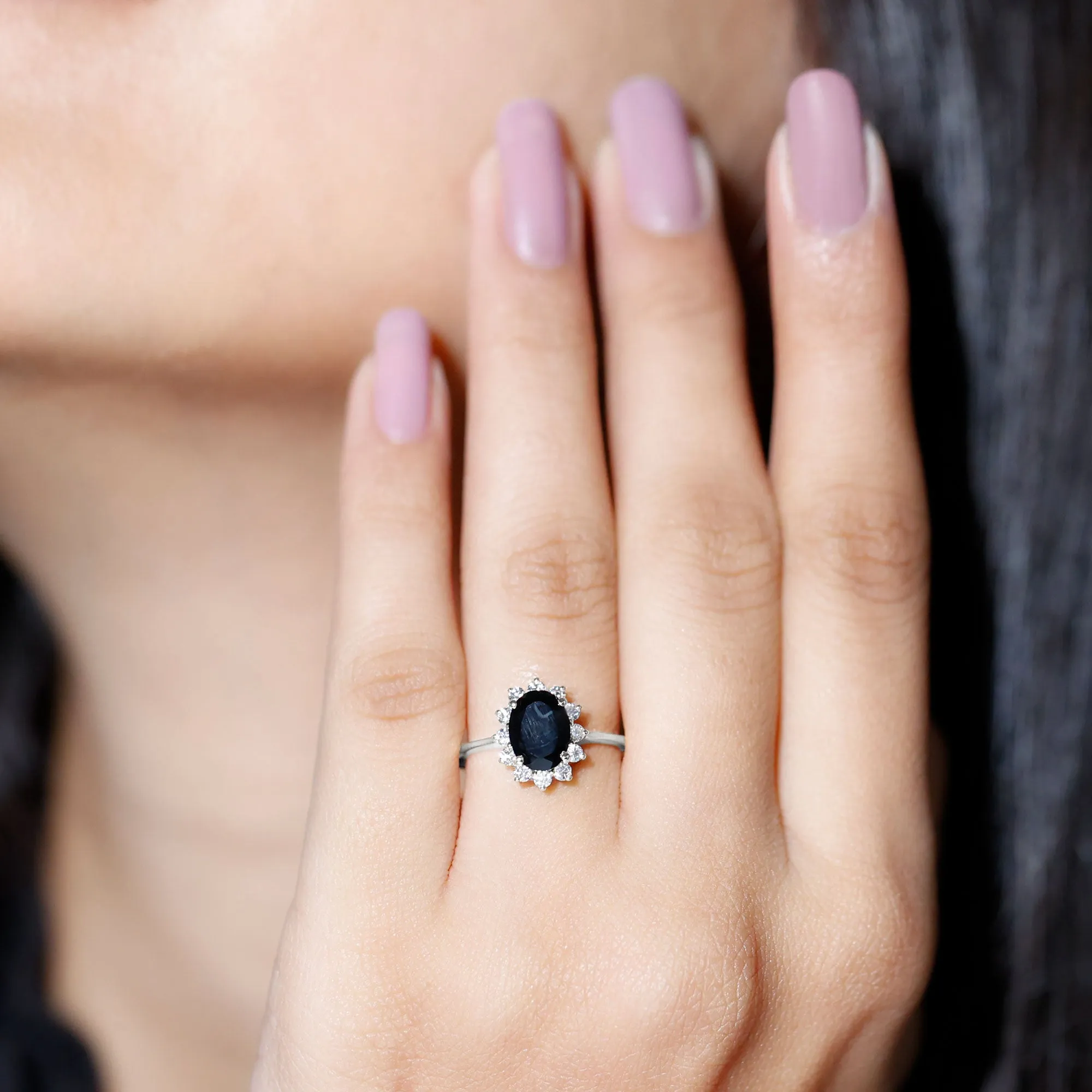 1.5 CT Princess Diana Inspired Oval Black Onyx Engagement Ring Diamond Halo