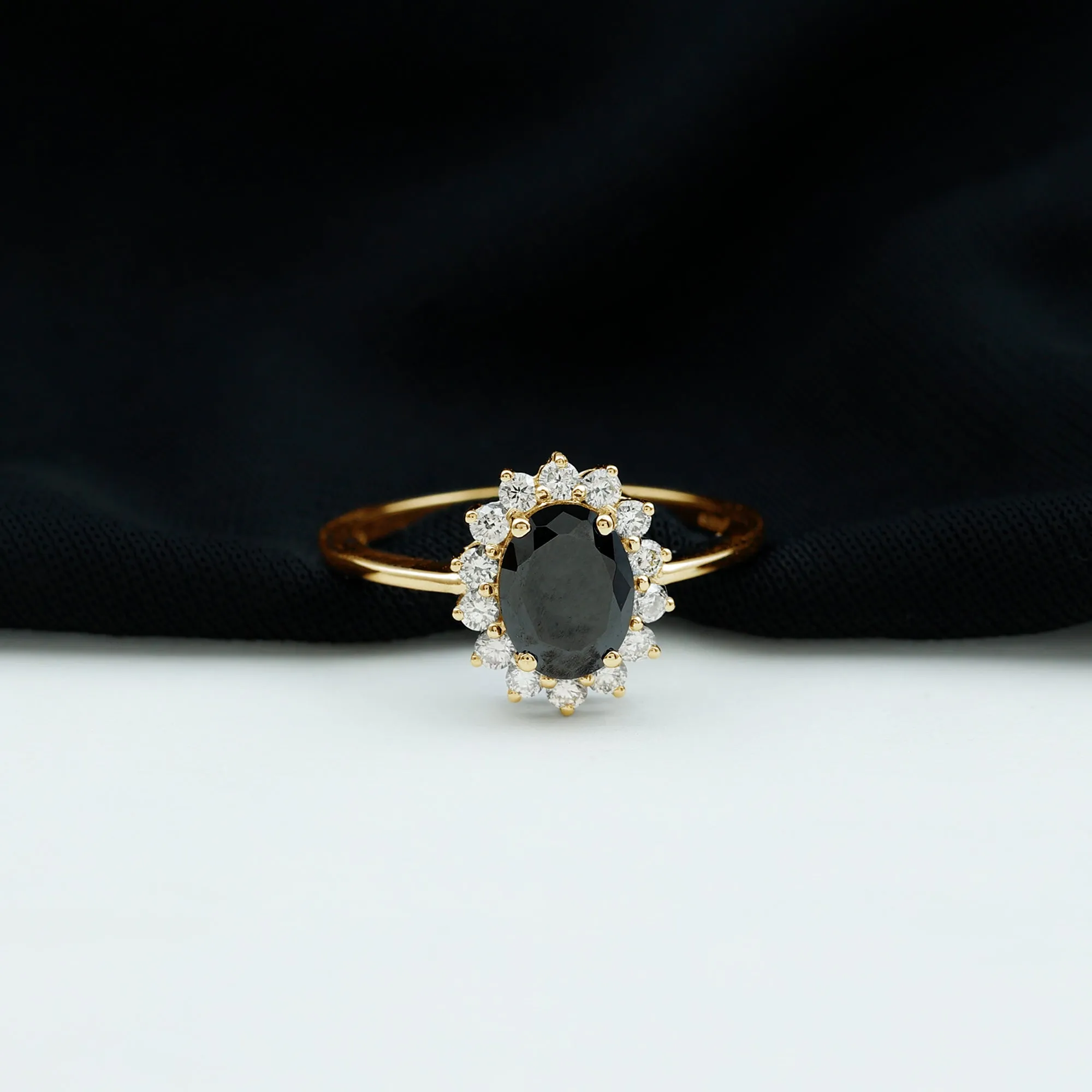 1.5 CT Princess Diana Inspired Oval Black Onyx Engagement Ring Diamond Halo