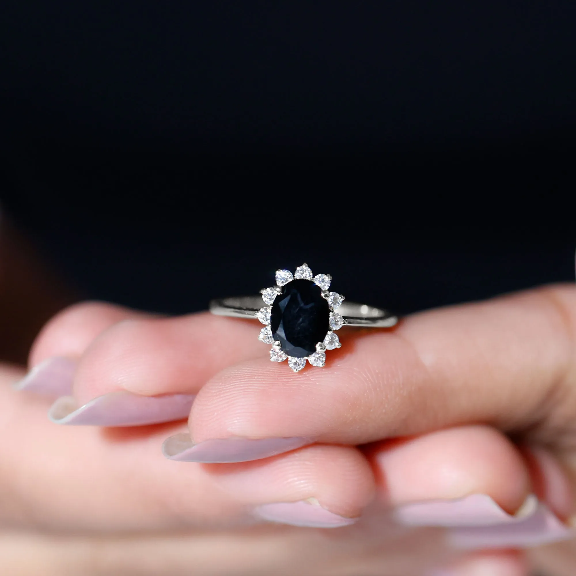 1.5 CT Princess Diana Inspired Oval Black Onyx Engagement Ring Diamond Halo