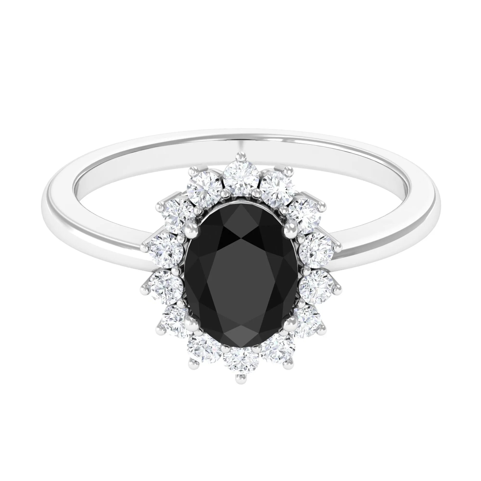 1.5 CT Princess Diana Inspired Oval Black Onyx Engagement Ring Diamond Halo