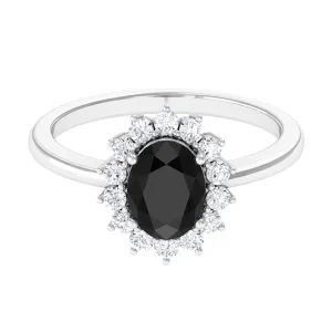 1.5 CT Princess Diana Inspired Oval Black Onyx Engagement Ring Diamond Halo