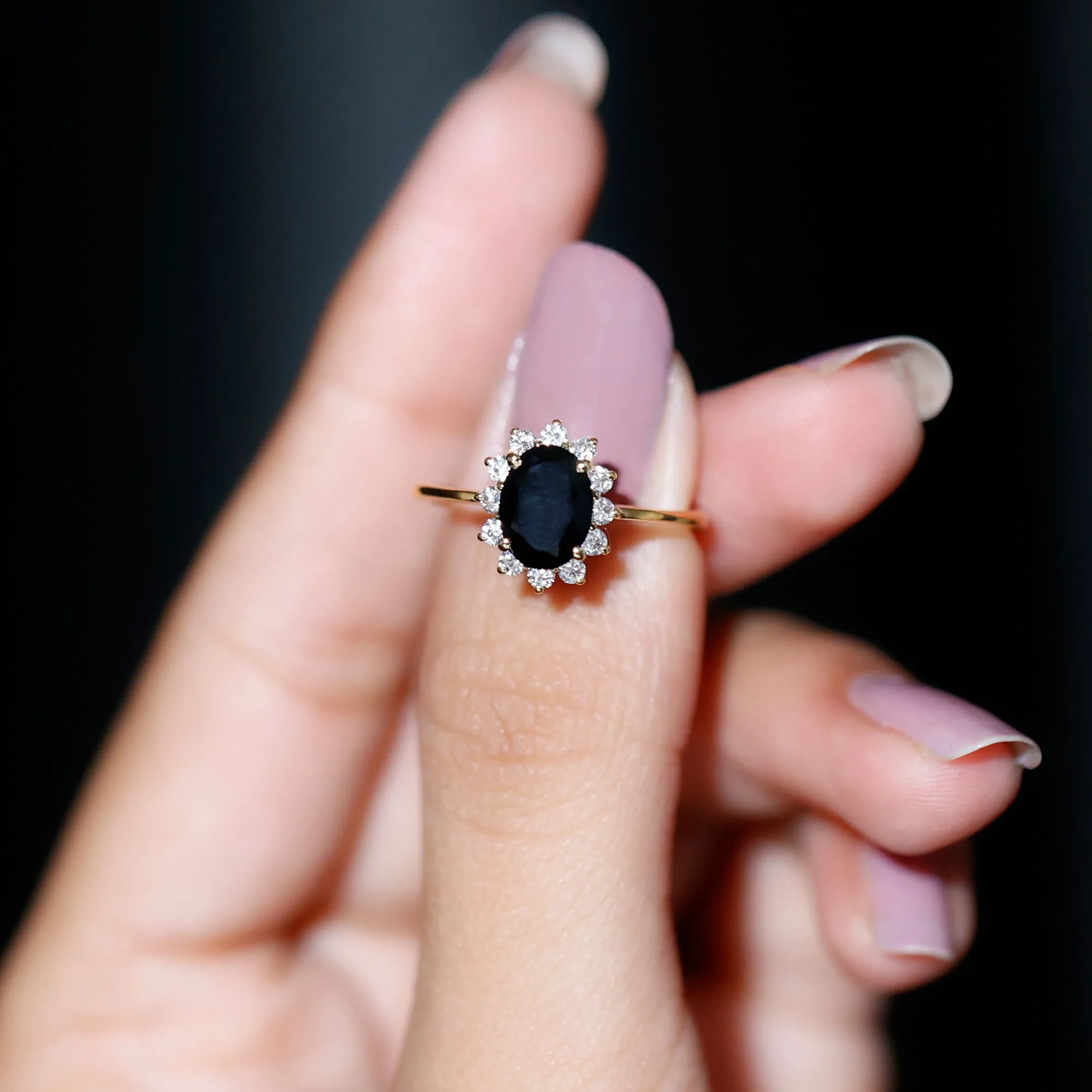 1.5 CT Princess Diana Inspired Oval Black Onyx Engagement Ring Diamond Halo