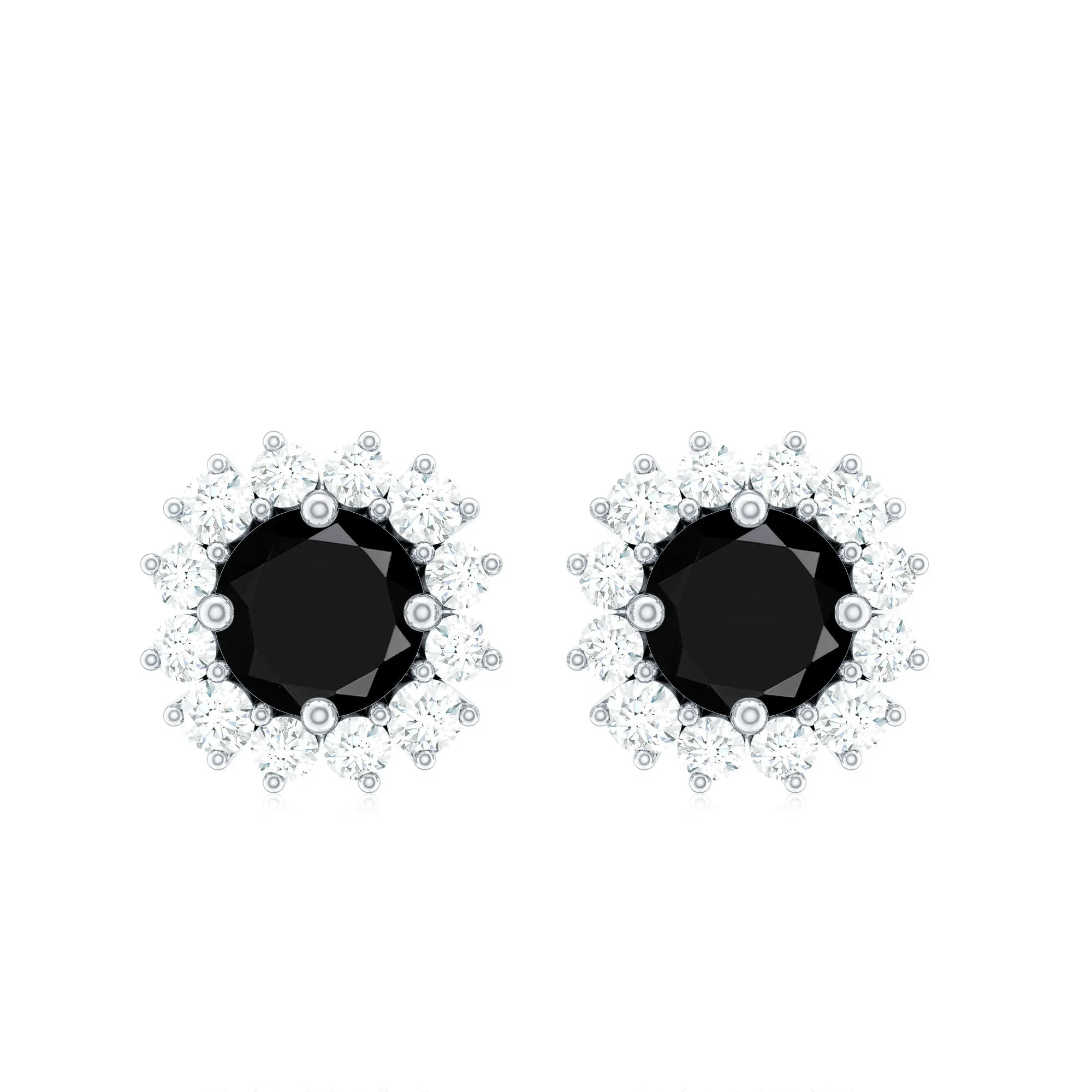 1.75 CT Black Onyx and Diamond Classic Halo Stud Earrings