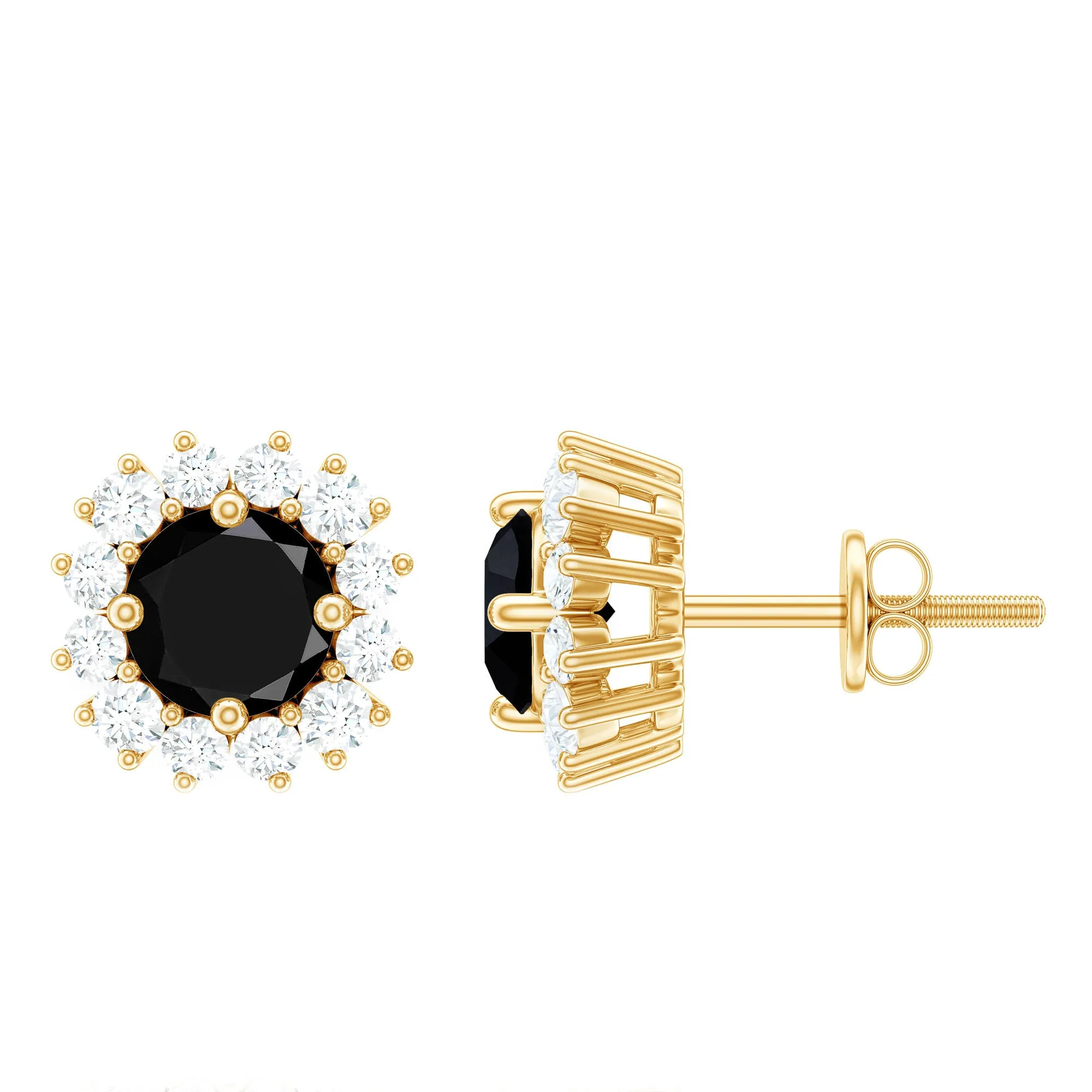 1.75 CT Black Onyx and Diamond Classic Halo Stud Earrings