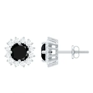 1.75 CT Black Onyx and Diamond Classic Halo Stud Earrings