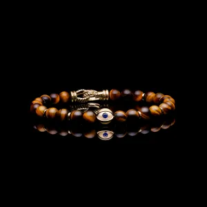 18k Gold Evil Eye Bracelet | Tiger Eye Beaded Bracelet In Laurel Clasp