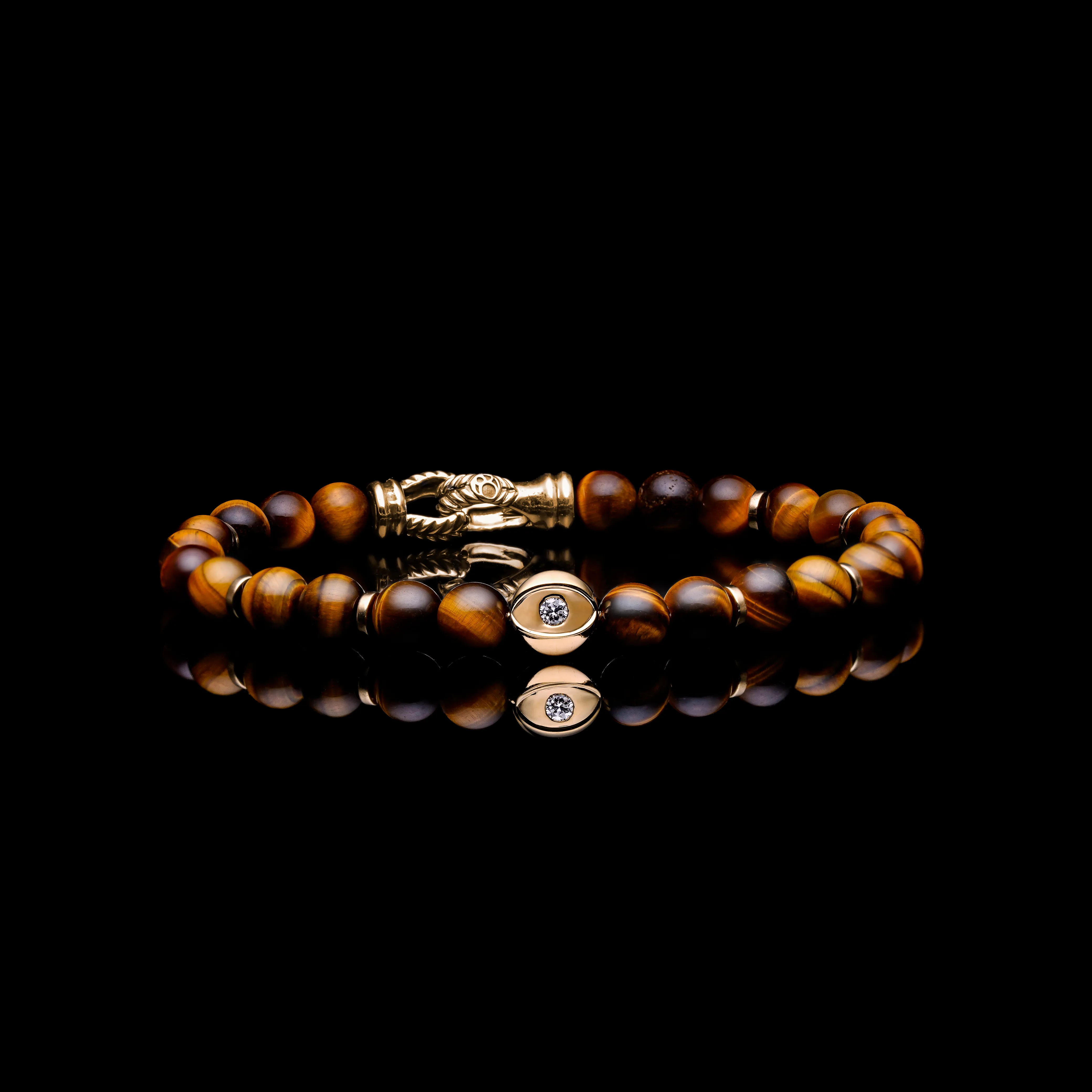 18k Gold Evil Eye Bracelet | Tiger Eye Beaded Bracelet In Laurel Clasp