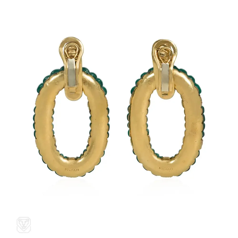 1980s Bulgari gold, diamond, and chrysoprase doorknocker hoop earrings