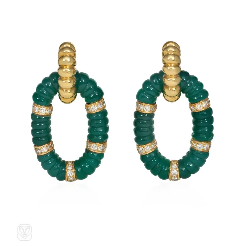 1980s Bulgari gold, diamond, and chrysoprase doorknocker hoop earrings