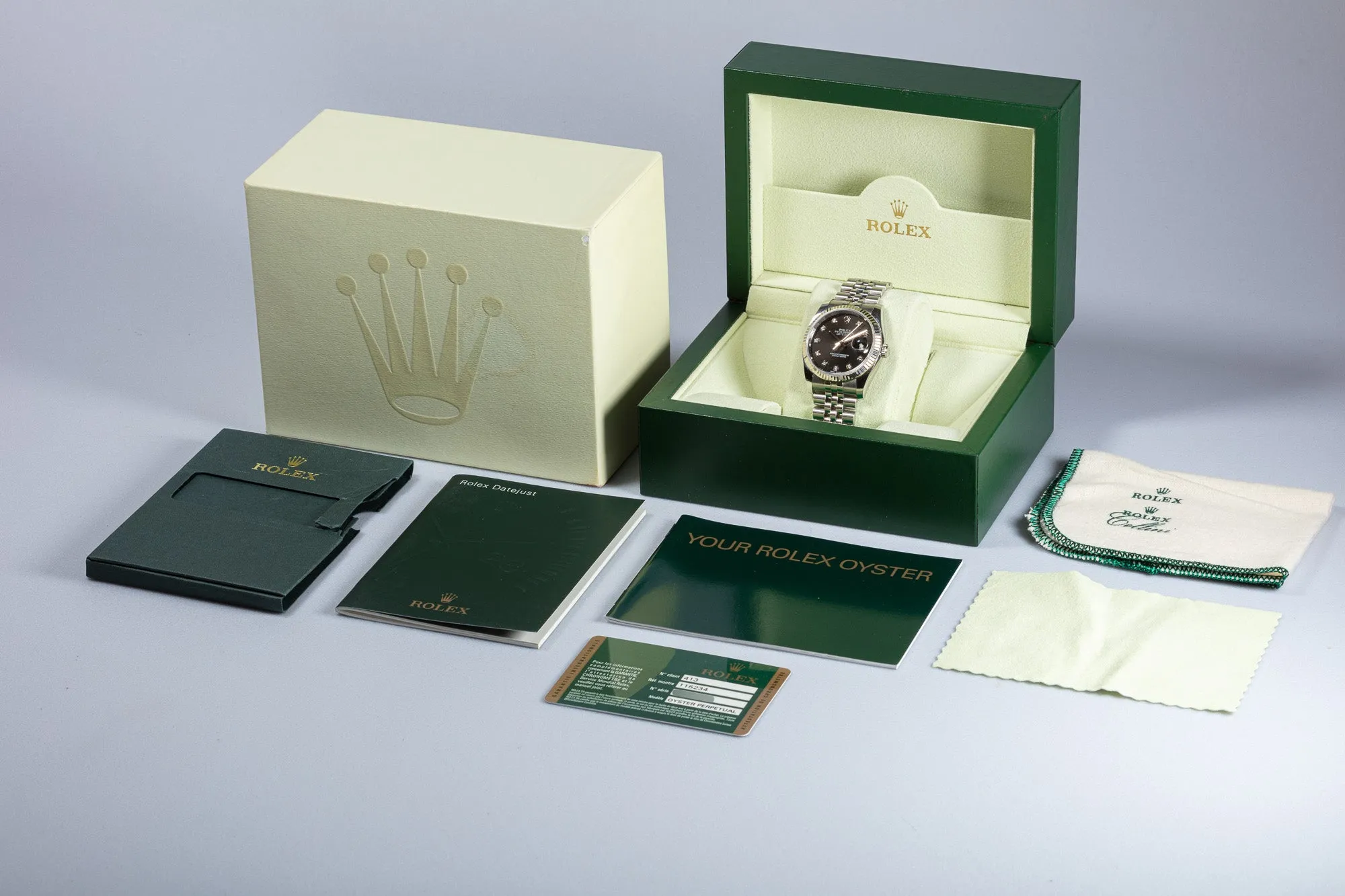 2012 Rolex DateJust 116234 with Black Dial Diamond Markers with Super Jubilee Bracelet, Box & Card