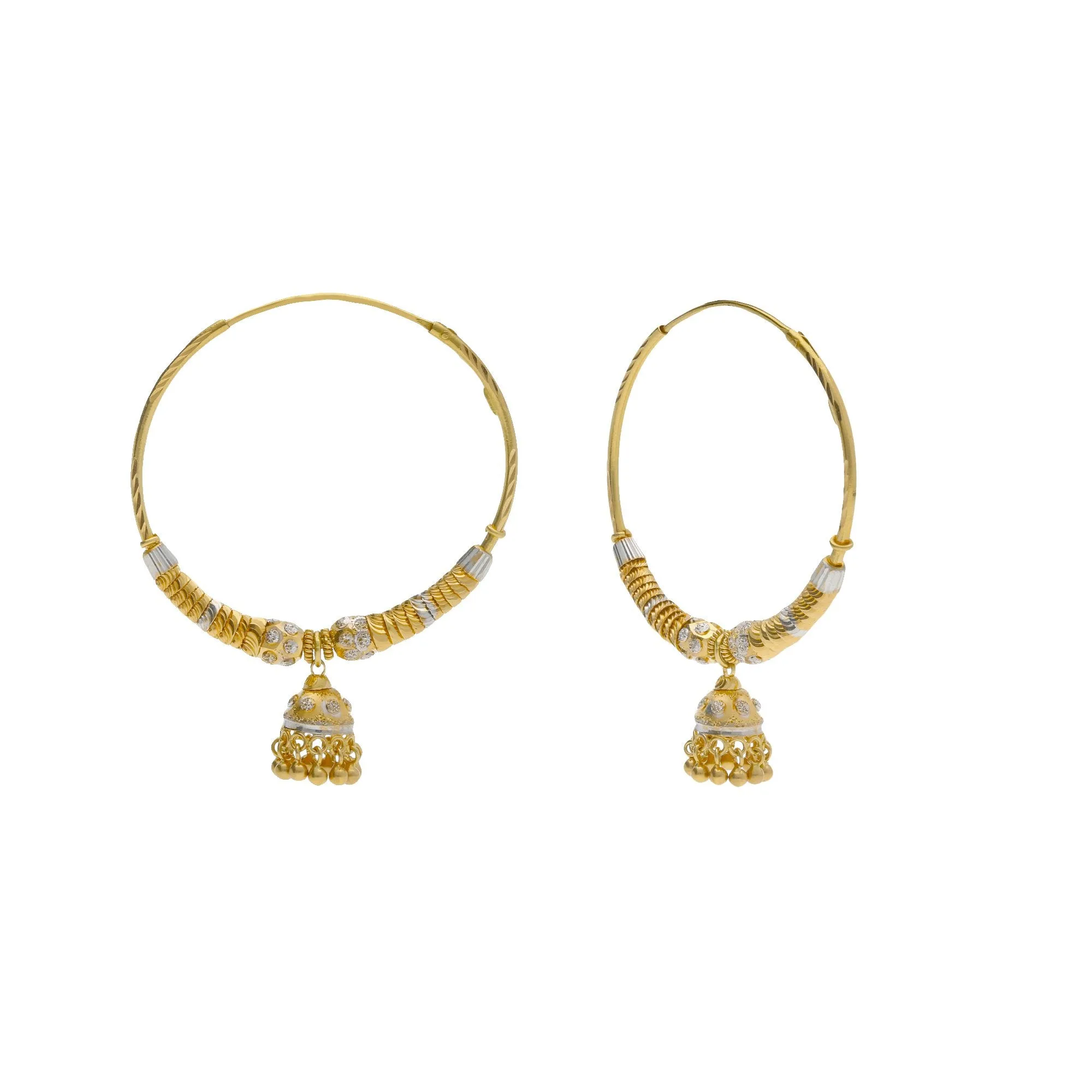 22K Multi Tone Gold Hoop Earrings W/ Shambala Beads, Gold Caps & Jhumki Drops