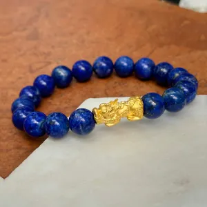 24KT Yellow Gold Dragon   Blue Lapis Lazuli Beaded Ball Bangle Bracelet