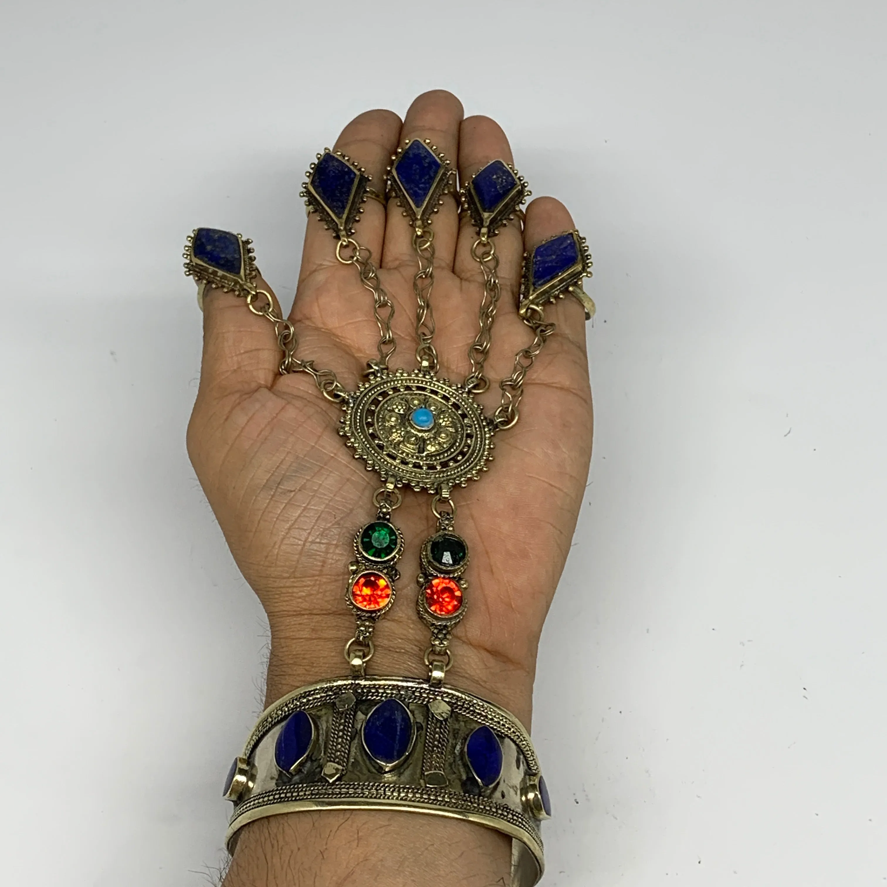 86.4g, 7.25" Tribal Turkmen Lapis Inlay 5 Finger Cuff Bracelet @Afghanistan, B13