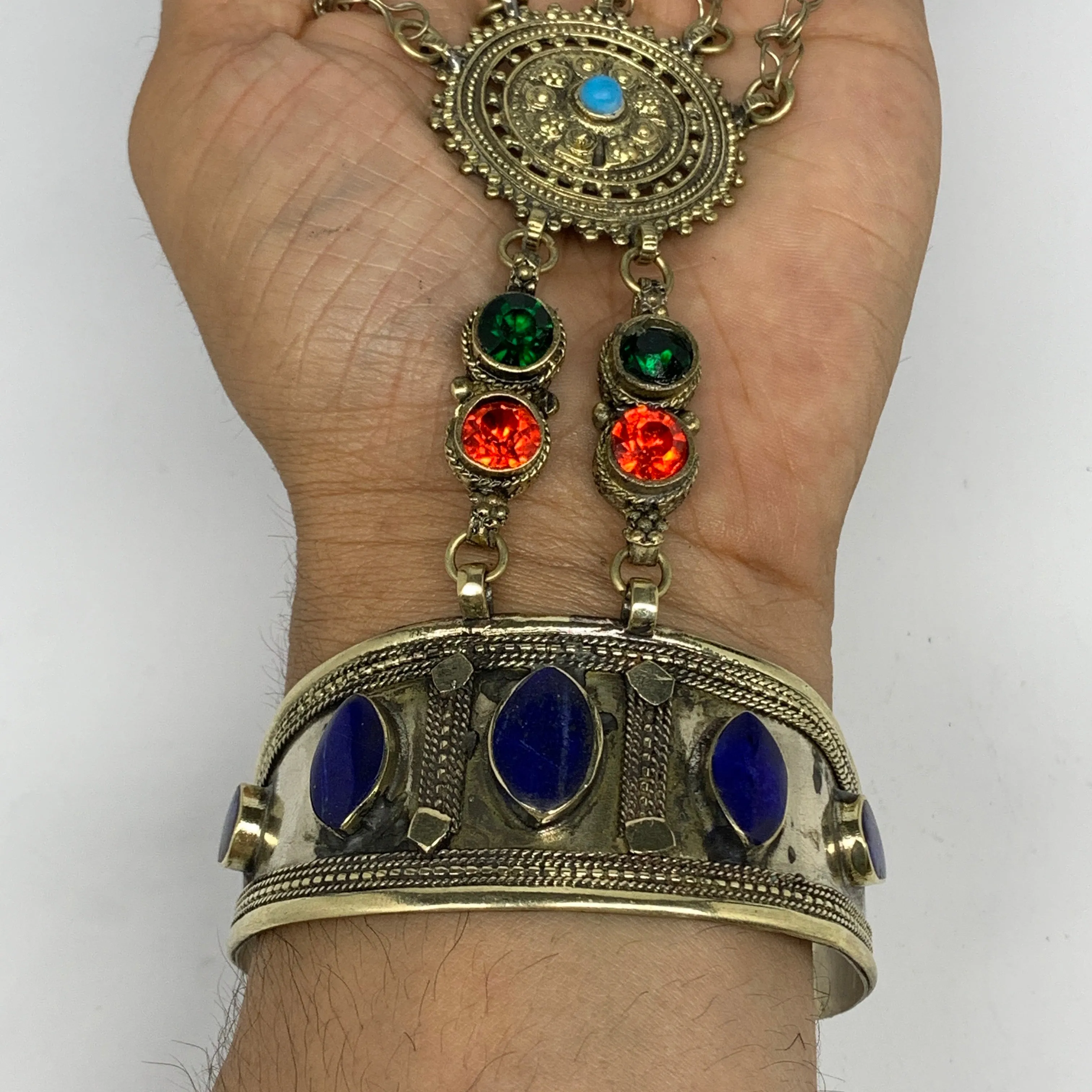 86.4g, 7.25" Tribal Turkmen Lapis Inlay 5 Finger Cuff Bracelet @Afghanistan, B13