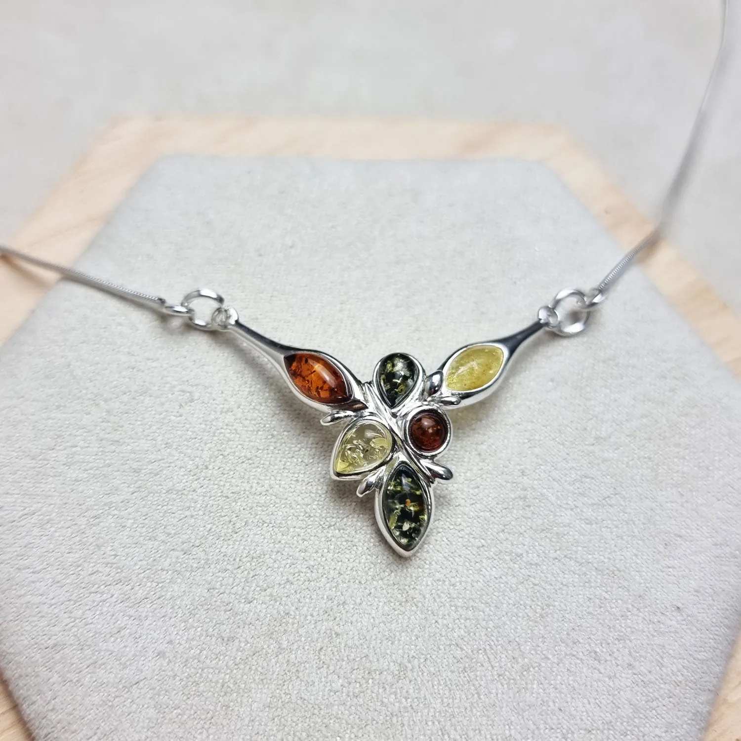 925 Sterling Silver & Genuine Baltic Amber Multi Stones Modern Necklace - 6122