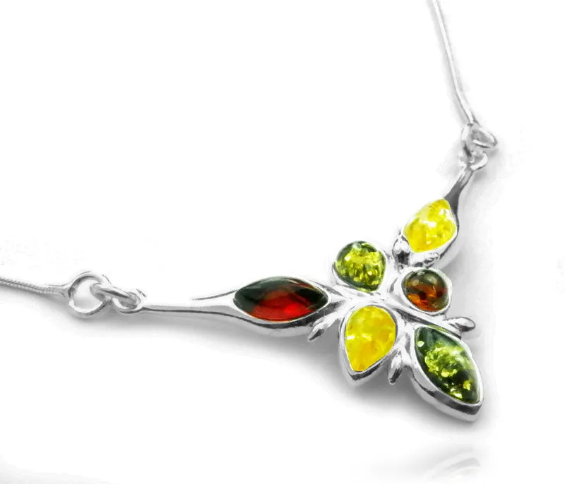 925 Sterling Silver & Genuine Baltic Amber Multi Stones Modern Necklace - 6122