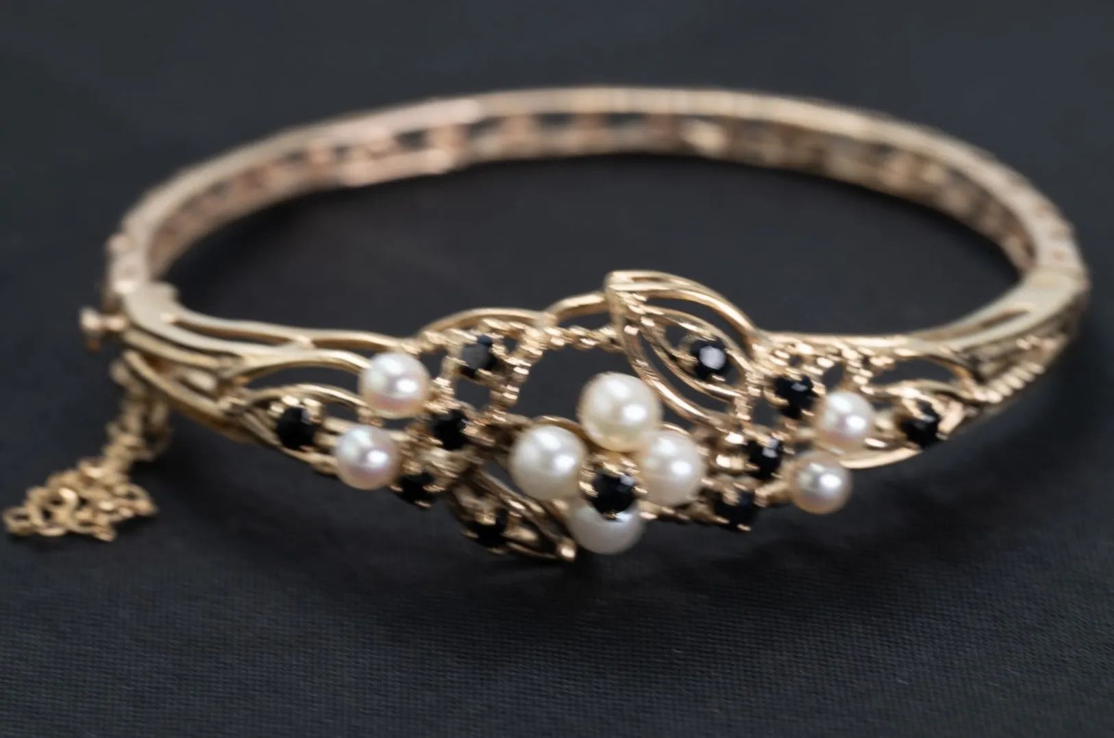 9ct Yellow Gold Pearl and Sapphire Bangle