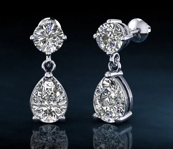 Alluring Round And Pear Shaped Drop Diamond Earrings with 2.10 ct.(finished) 8x5mm, 4.25mm