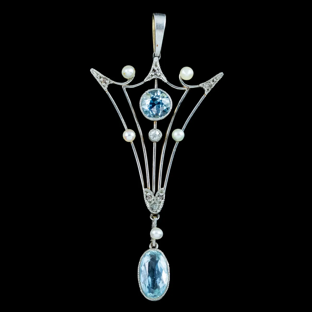 Antique Art Deco Aquamarine Pearl Diamond Pendant 15ct Gold Platinum