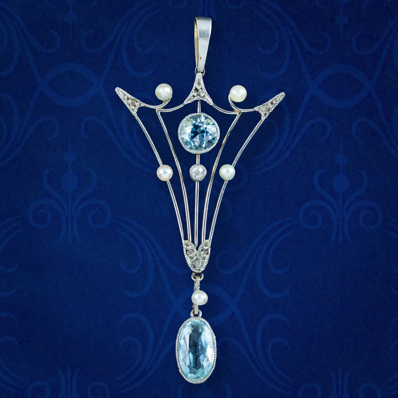 Antique Art Deco Aquamarine Pearl Diamond Pendant 15ct Gold Platinum