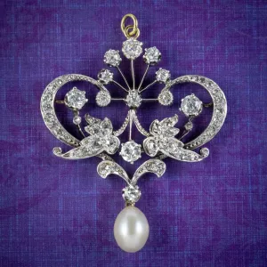 Antique Edwardian Belle Epoch Diamond Pearl Pendant Circa 1905