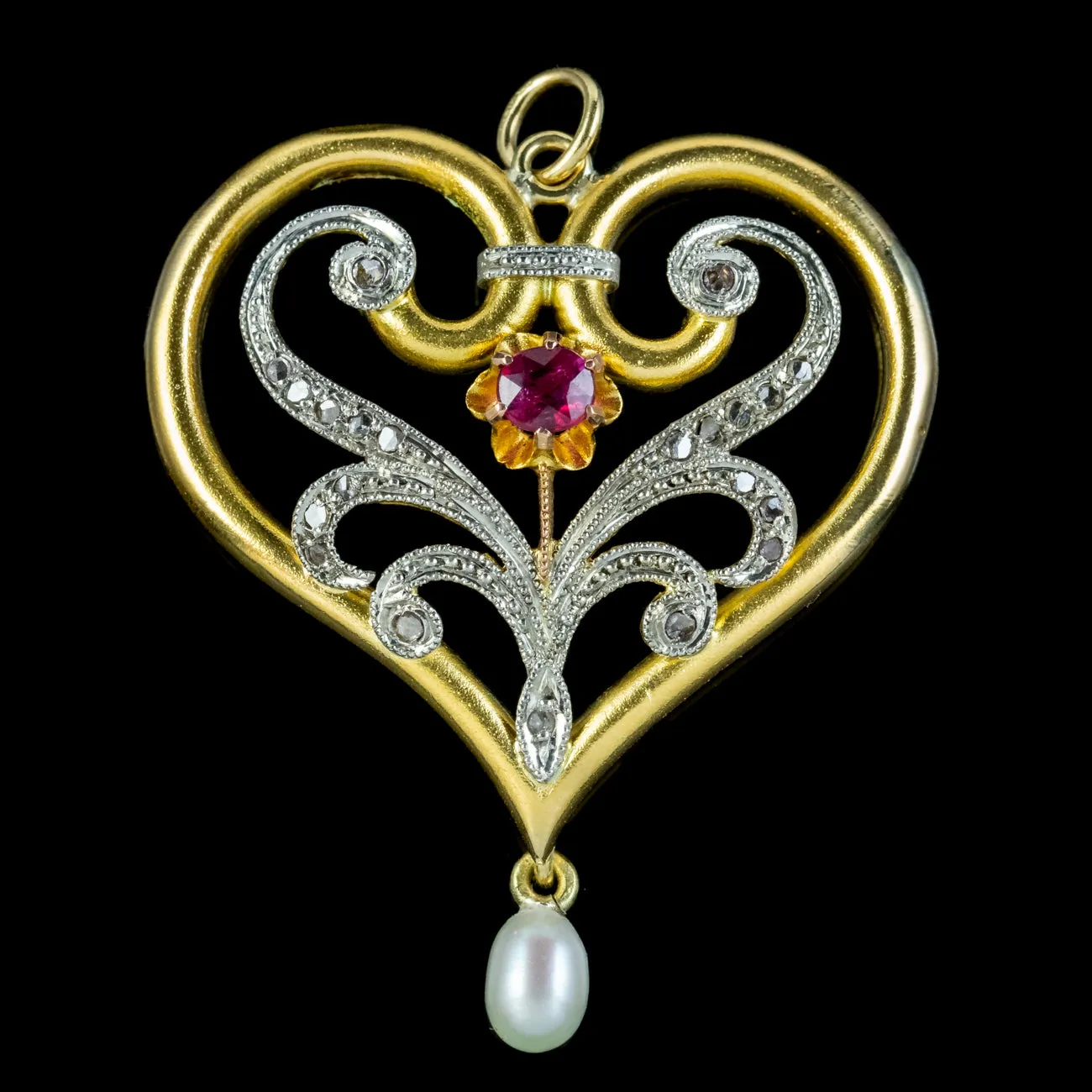 Antique Edwardian Ruby Diamond Pearl Heart Pendant 15ct Gold Circa 1905