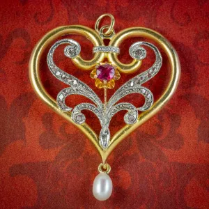 Antique Edwardian Ruby Diamond Pearl Heart Pendant 15ct Gold Circa 1905