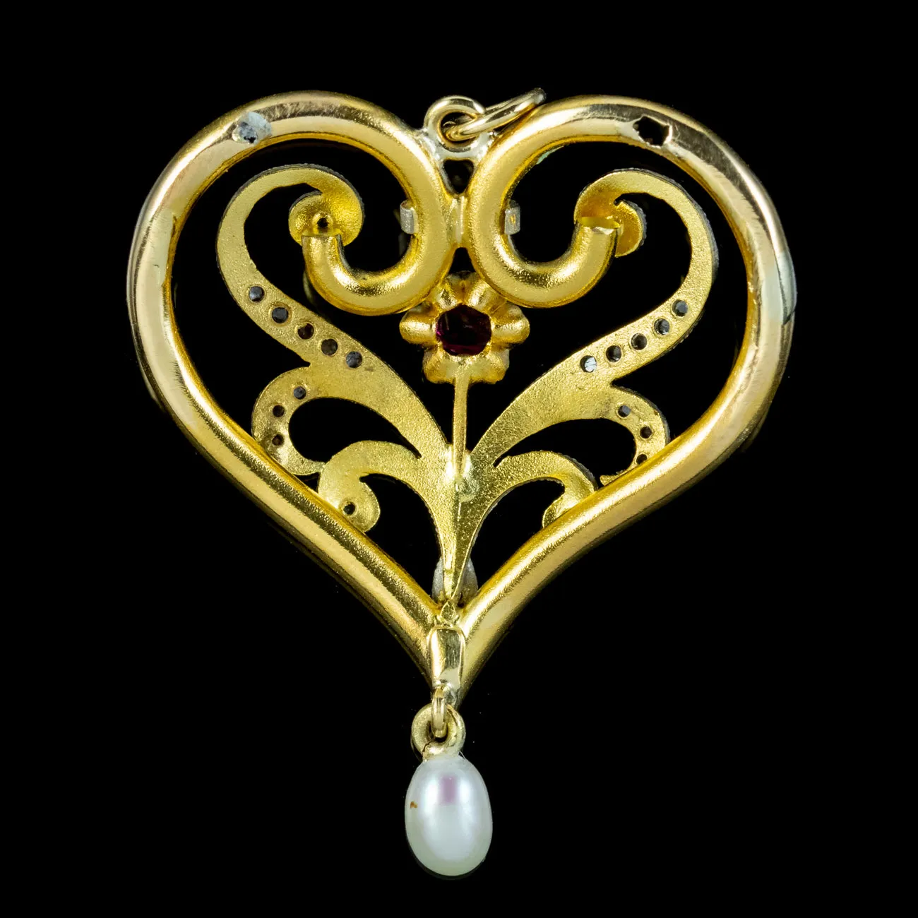 Antique Edwardian Ruby Diamond Pearl Heart Pendant 15ct Gold Circa 1905