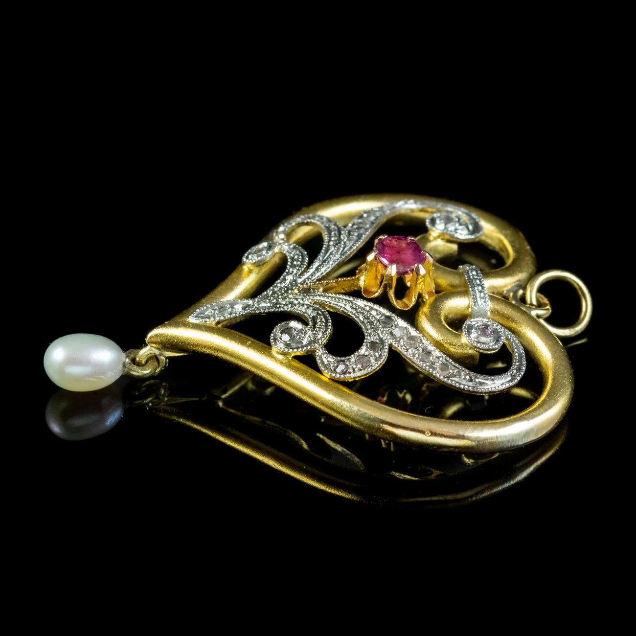 Antique Edwardian Ruby Diamond Pearl Heart Pendant 15ct Gold Circa 1905