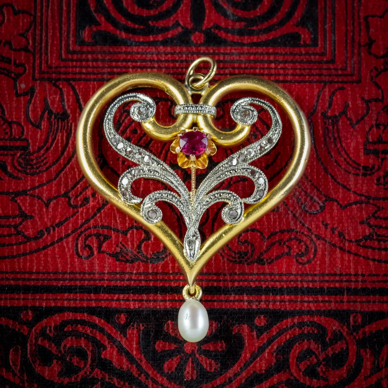 Antique Edwardian Ruby Diamond Pearl Heart Pendant 15ct Gold Circa 1905