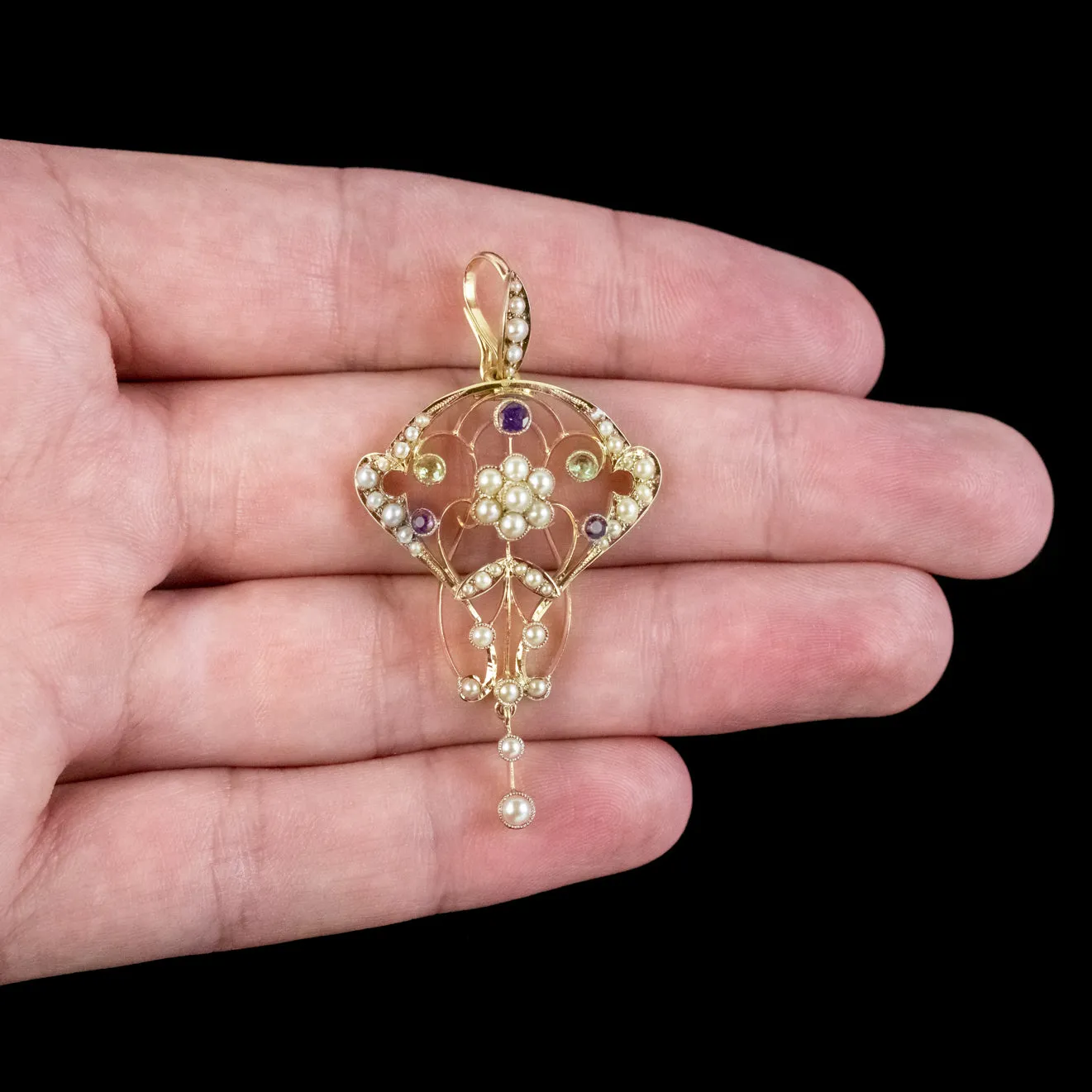 Antique Edwardian Suffragette Floral Pendant 15ct Gold Circa 1910