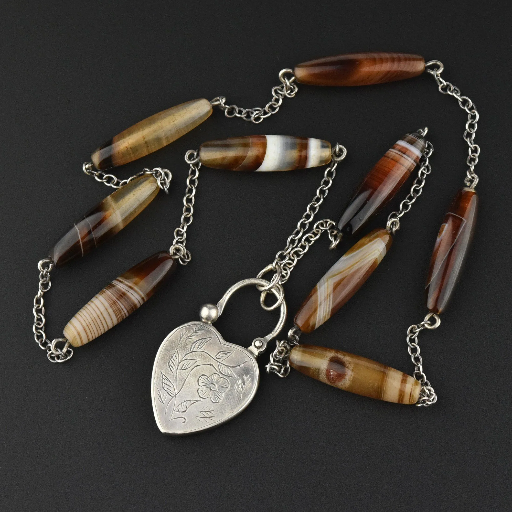 Antique Scottish Banded Agate Heart Padlock Necklace