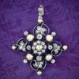 Antique Victorian Diamond Pearl Pendant 1.5ct Of Diamond