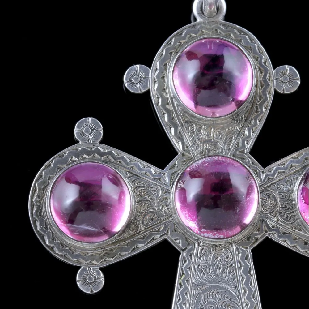 Antique Victorian Silver Cross Pendant Purple Rock Crystal