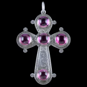 Antique Victorian Silver Cross Pendant Purple Rock Crystal