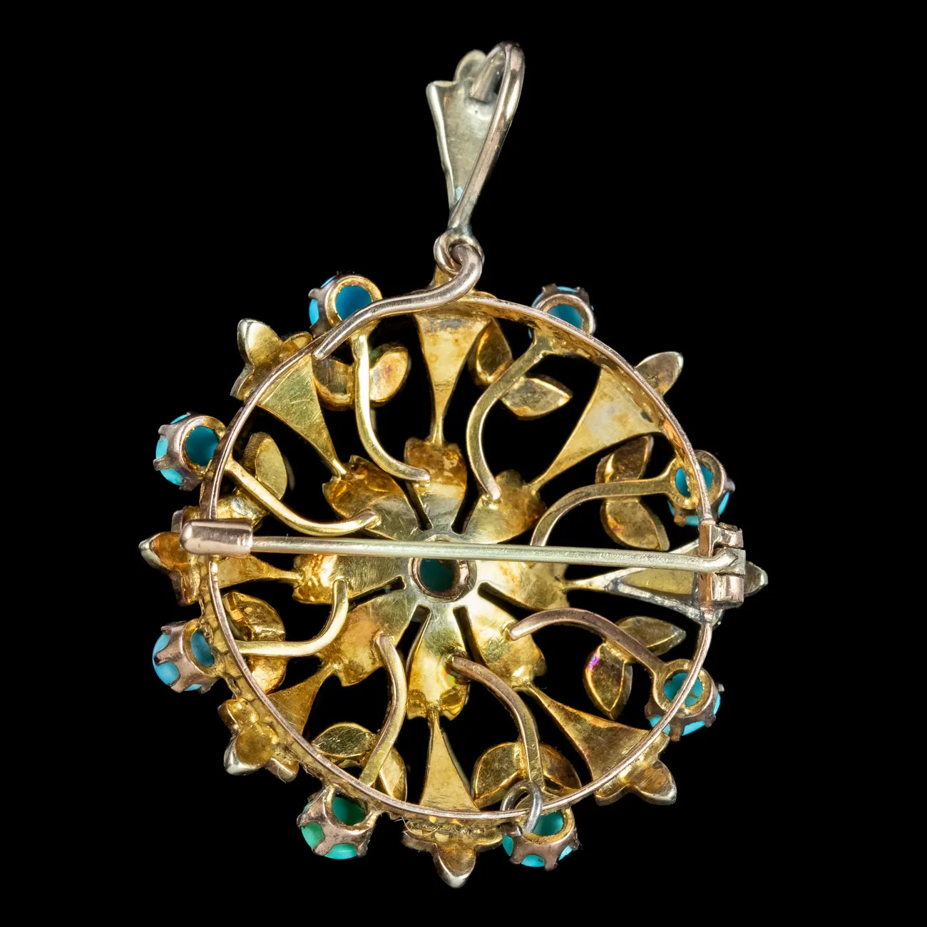 Antique Victorian Turquoise Pearl Flower Pendant 18ct Gold