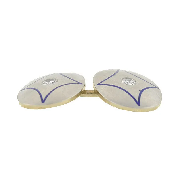 Art Deco 14kt & Platinum Enamel & Diamond Cufflinks