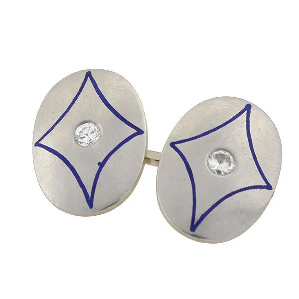 Art Deco 14kt & Platinum Enamel & Diamond Cufflinks