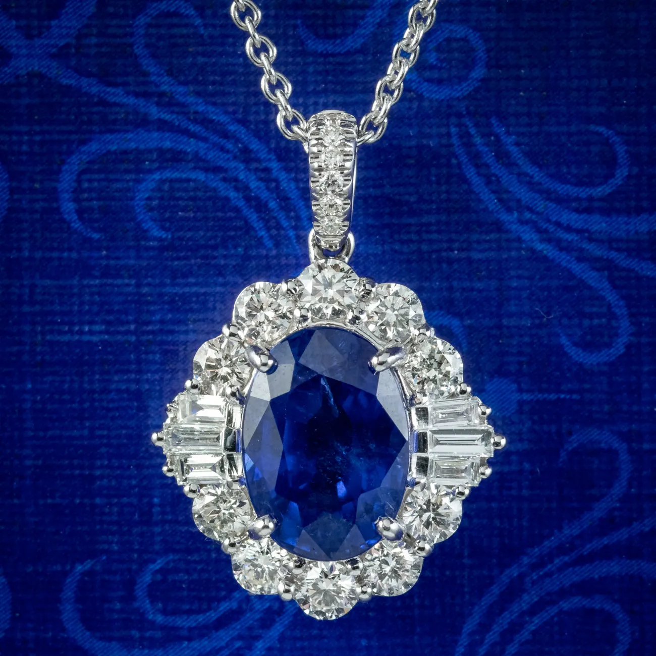 Art Deco Style Sapphire Diamond Pendant Necklace 4.39ct Sapphire 18ct Gold