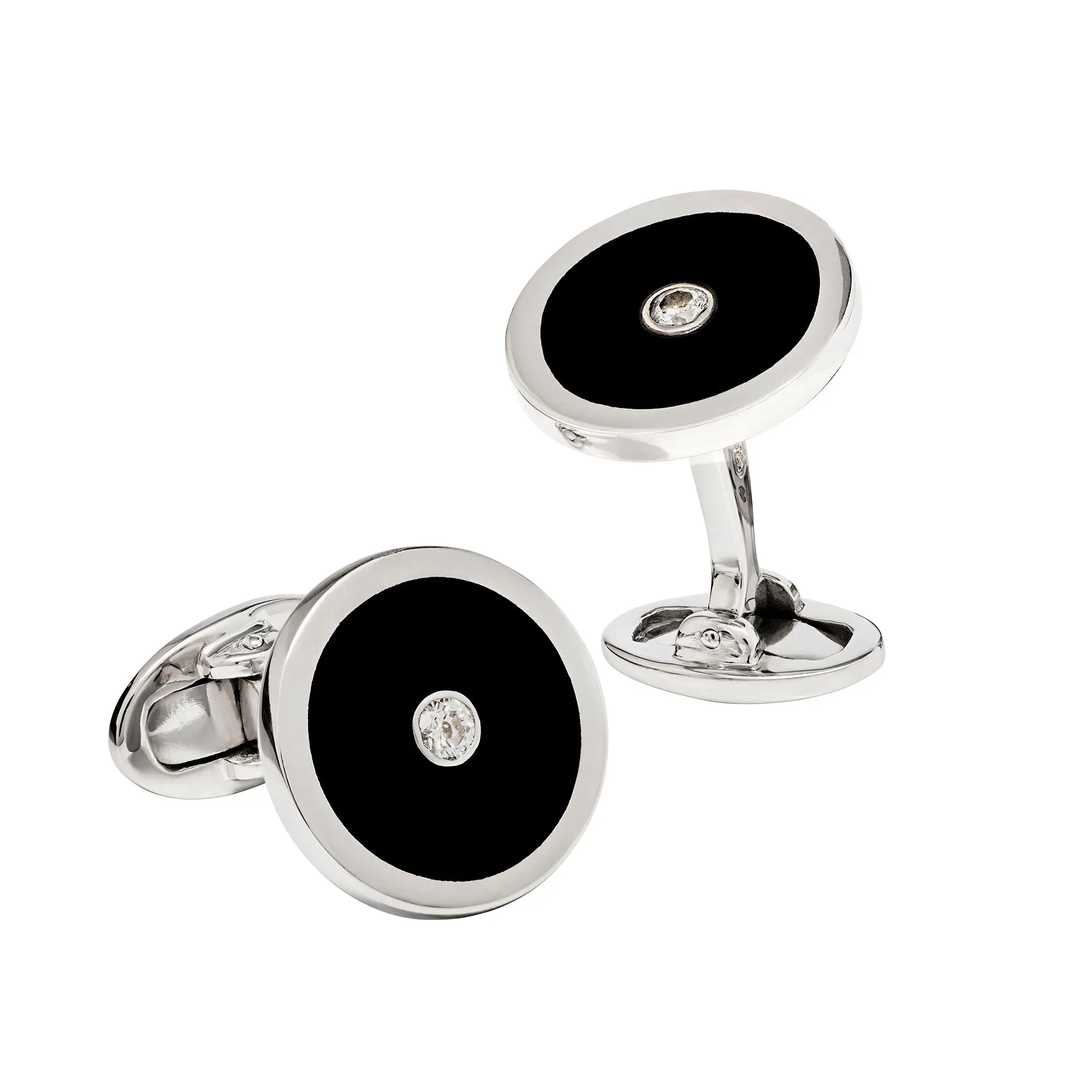 Black Onyx and Diamond Sterling Silver Round Cufflinks