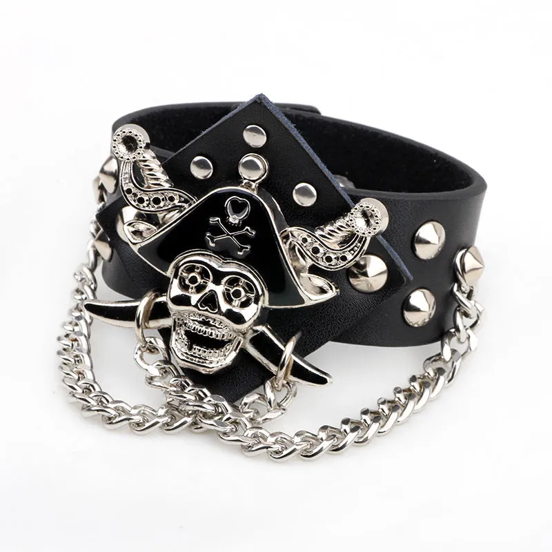 Black Pirate Metal Skull Leather Bracelet with Chains