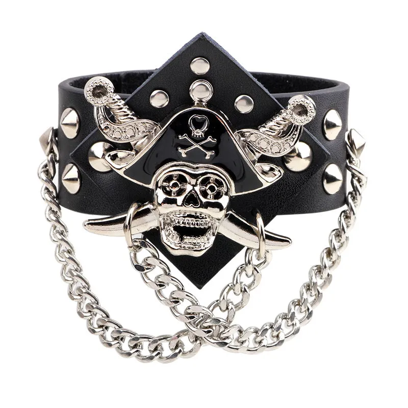 Black Pirate Metal Skull Leather Bracelet with Chains